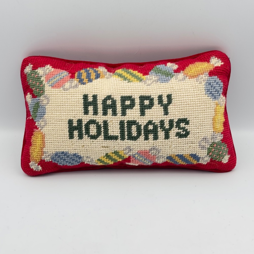 Lands' End Happy Holidays Needlepoint Christmas Candy Lumbar Pillow Red Velvet